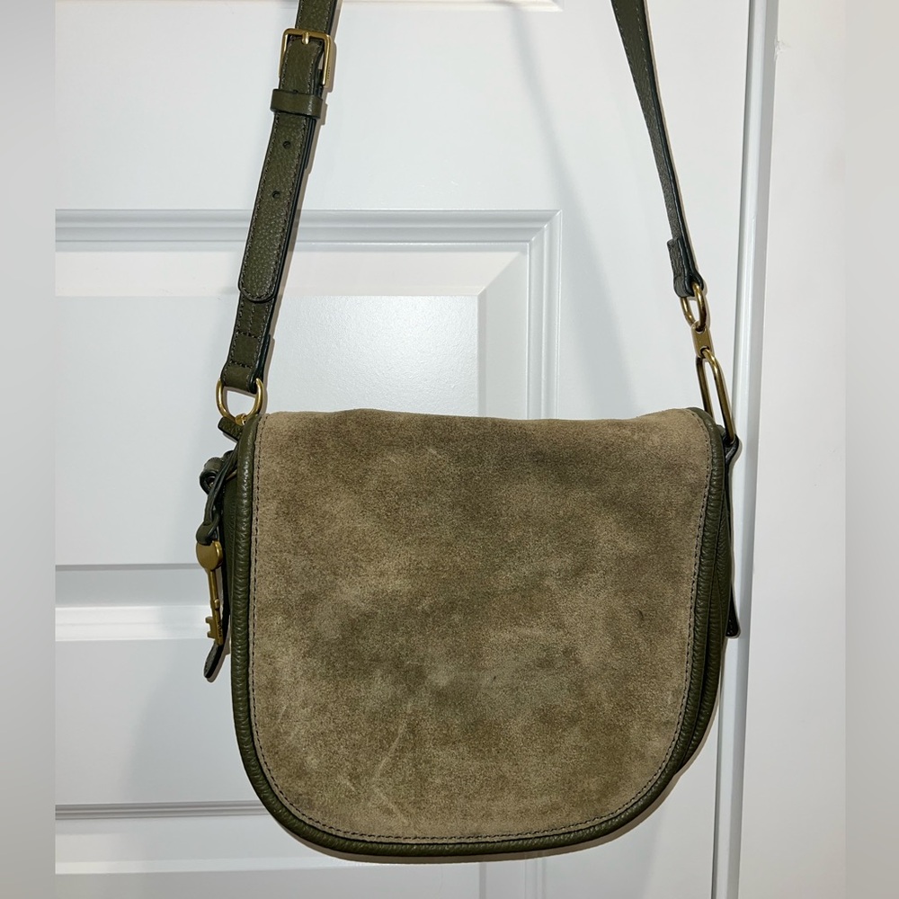 Women’s Fossil Green Suede Front/Green Leather Back SemiCircle Flap CrossbodyBag